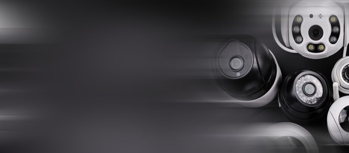 Surveillance cameras, set of different videcam, cctv cameras isolated on yellow background close up. home security system concept